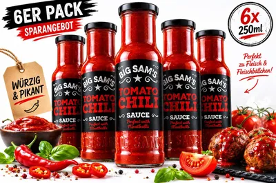Produktbild von 6 X BIG SAM'S Tomaten Chili Sauce 250 ml – Fruchtig & feurig scharf Grill Soße