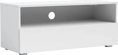 A white TV lowboard with a drawer and an open shelf with a cable management hole.