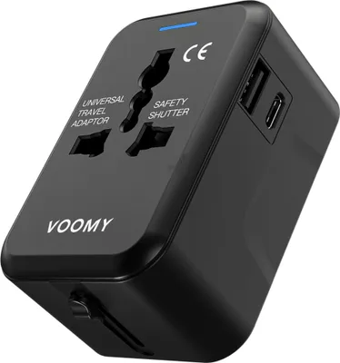 Produktbild von VOOMY Reiseadapter Weltweit 3-in-1 – 1x USB-C & 1x USB-A – 150+ Länder – Kompakter Weltstecker – 1500W – Schwarz