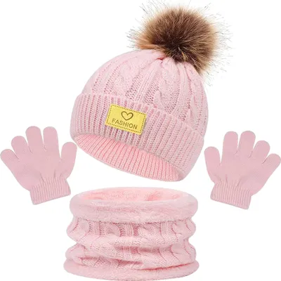 Produktbild von 3-teiliges Winterset für Kinder: Mütze, Schal, Handschuhe, Plüschbommel-Dekor, gedrehte Textur, randlose Mütze, Strickhandschuhe mit Fleecefutter, Halswärmer