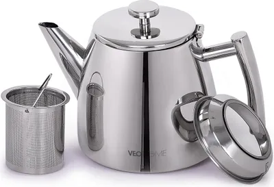 A stainless steel teapot with a tea infuser and lid, presented on a white background.