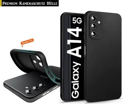 A black phone case is shown next to a phone with the case on it. The case is flexible and made of TPU. The phone is a Samsung Galaxy A14 5G.