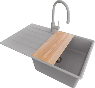 Produktbild von PRIMAGRAN Granitspüle Grau 78x50cm, Spülbecken 1 Becken + Küchenarmatur 38x14cm + Ablauf-Set + Schneidebrett, Küchenspüle ab 50er Unterschrank - Kopenhagen