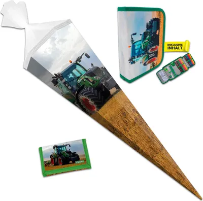 Produktbild von itenga Schultüte 85cm mit Mäppchen (gefüllt) und Brustbeutel Set TRAKTOR IM FELD