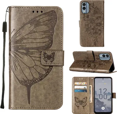 Produktbild von Lederhülle für Nokia X30 Schmetterling Prägung Flip Ledertasche Kartenfächer Handyhülle mit Ständer Grau