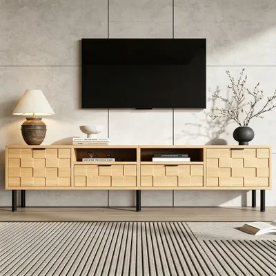 Produktbild von Merax TV Lowboard mit 2 Flügeltürenund 2 Schubladen, TV-Schrank mit 2 offene Fächer, TV Board aus Spanplatten und MDF für 80 Zoll, Naturholz