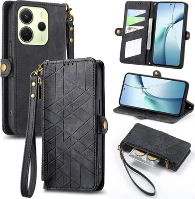 Produktbild von Für Xiaomi Redmi Note 14 4G Geometric Design Kunstleder Zipper Book Wallet Tasche mit Schlaufe Schwarz