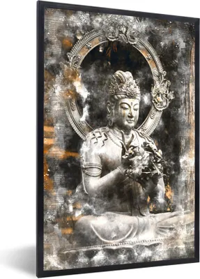 Produktbild von MuchoWow® MuchoWow® Gerahmtes Poster Buddha - Silber - Meditation 40x60 cm - Poster mit zchwarzem Bilderrahmen - Papierdruck - Wandbilder