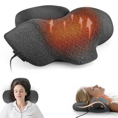 Image de Coussin de massage pour le cou - Coussin de massage électrique - Chauffant - Vibrations - Appareil d'étirement cervical - Support cervical orthopédique