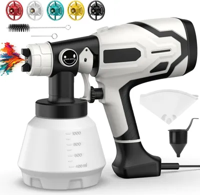 Produktbild von Elektrische Lackierpistole - HVLP Farbspritzpistole - 1500 W - 220 V - 1000 ml - 5 Messingdüsen - 3 Sprühmuster - EU-Stecker - Silber