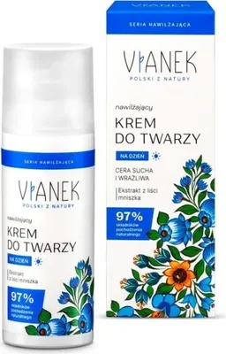 A product shot of a face cream bottle and its packaging, featuring floral and berry illustrations.