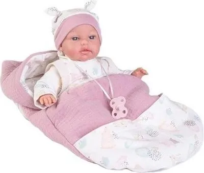 Produktbild von Spanische Neugeborenen Puppe Toneta 34 cm mit Geräuschfunktion, Schnuller und Rucksack