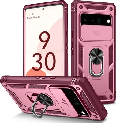 Produktbild von Google Pixel 6 Pro Hülle, Schiebe Kamera Schutz Robust Stoßfest Schutzhülle mit Ringhalterung Ständer Kartenhalter für Google Pixel 6 Pro Rosa