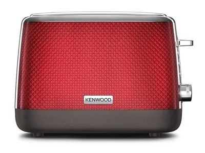 A red Kenwood toaster on a white background.