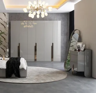 Produktbild von Kommode Standspiegel Kleiderschrank Hochglanz Edelstahl Schlafzimmer Grau
