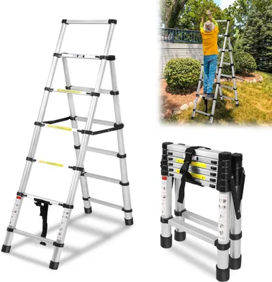 Produktbild von UISEBRT 1,7 m + 2 m skladací rebrík Teleskopický rebrík A-rám 6 + 7 stupňov Hliníkový rebrík Viacúčelový rebrík Nekĺzavý výsuvný rebrík Stupňovitý rebrík Rebrík s nosnosťou do 150 kg na opravy striech
