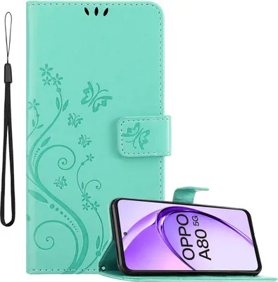 Produktbild von Cadorabo Hülle für Oppo A80 Hülle in FLORAL TÜRKIS Schutzhülle im Blumen Design mit Magnetverschluss, Standfunktion und Kartenfächern Book Case Cover