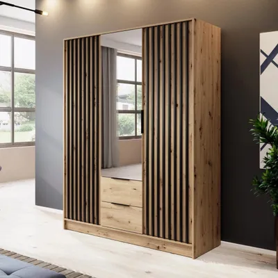 Produktbild von Kleiderschrank Stilo Eiche Artisan mit Spiegel & Lamellen – 155 cm, 3 Türen, 2 Schubladen, Modern