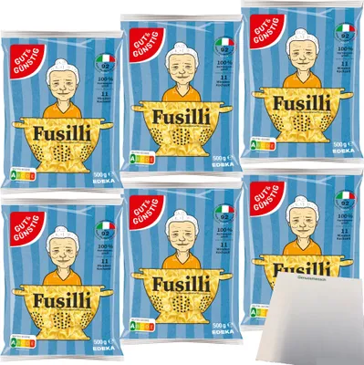 Produktbild von Gut & Günstig Nudeln Fusilli Pasta aus Italien 6er Pack (6x500g Packung) + usy Block