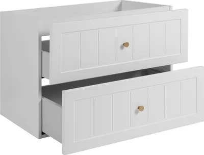 Immagine prodotto di Mobile bagno a pavimento, altezza 80 cm, ante a listelli di 19 mm, colore bianco e impiallacciatura noce, maniglie fresate, piedi rotondi da 15 cm, dimensioni 80 x 46 x 73,6 cm