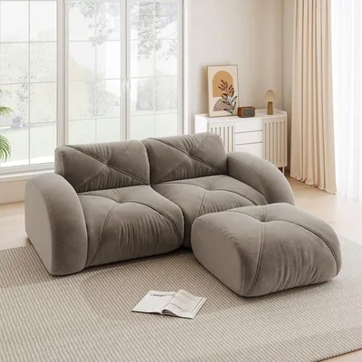 Zdjęcie produktu dla Dwuosobowa sofa z tkaniny szenilowej z podnóżkiem, modułowa, z pianką 32D, przyjazna dla zwierząt, 204 x 171 x 76 cm, kolor taupe