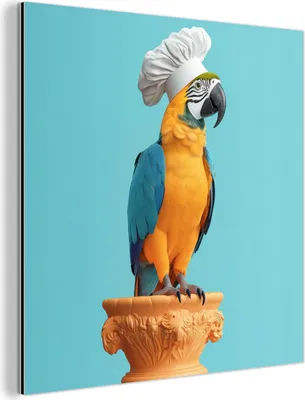 Produktbild von MuchoWow Wanddekoration Metall Metallbild Wandkunst 20x20 cm Papagei - Kochmütze - Lustig - Vogel MuchoWow Aluminium Gemälde - Alu Dibond Bilder