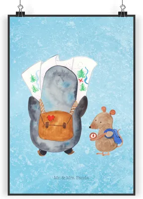 Produktbild von Mr. & Mrs. Panda Bild Pinguin & Maus Wanderer DIN A3 - Eisblau - Geschenk, Wanddekoration, Wandern, Wandbild, wanddeko, Ausflug, Wanderlust, Plakat, drucke