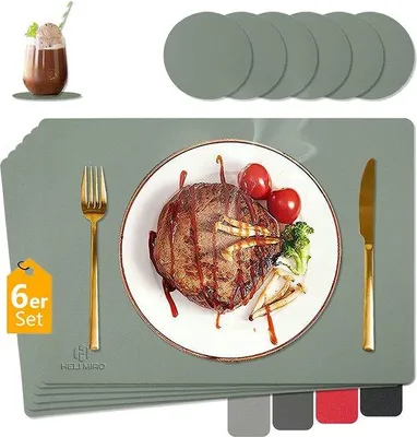 Zdjęcie produktu dla Zestaw 6 podkładek stołowych Unyqoos® imitujących skórę, zmywalnych i odpornych na temperaturę do 80°C, dwustronnych, antypoślizgowych, w zestawie 6 podstawek pod kubki o średnicy 10 cm, kolor: jasnoszary, wymiary: 43 x 30 cm