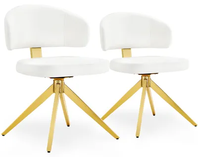 Image de Lot de 2 chaises de salle à manger pivotantes en similicuir PU, avec dossier incurvé, blanches et dorées
