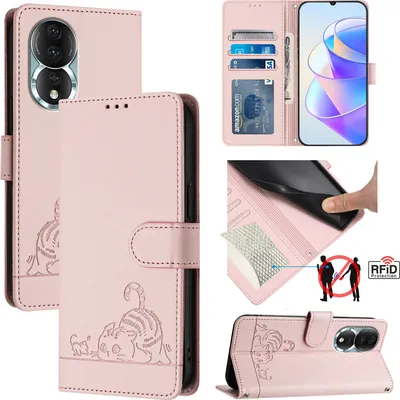 Produktbild von Leder Hülle für Honor 80 Süße Katze Flip Case Brieftasche Schutzhülle mit Standfunktion Pink