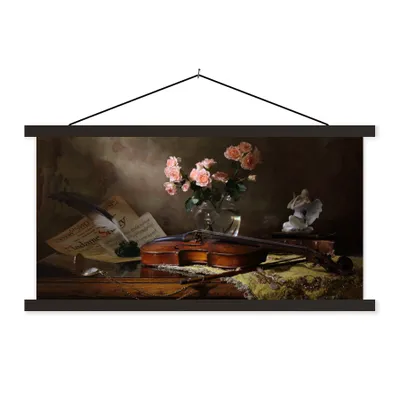 Produktbild von MuchoWow® Textilposter Violine - Rosen - Rosa - Blumen - Stilleben 120x60 cm mit schwarzem Rahmen - Dekoration Schlafzimmer