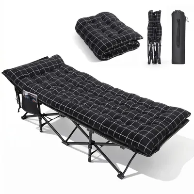 Produktbild von Sekey Tragbares Feldbett mit Matratze, Feldbett Klappbett Tragfähigkeit 200KG Campingbett für Indoor, Outdoor, Camping und Reisen, Schwarz-Kariert