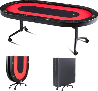 Produktbild von VEVOR Casino Pokertisch Klappbare Tischbeine 2290 x 1220 x 800 mm (L x B x H), Faltbarer Pokertisch, Schwarz & Rot Pokerauflage Klapptisch für 10 Spieler, Pokertisch mit Staubschutzhülle Tragbar