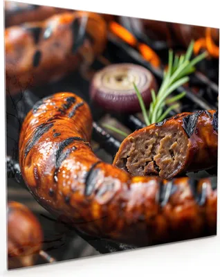Produktbild von Küchenrückwand Spritzschutz Glas mit Motiv Grillwurst B B Q 40 x 40 cm
