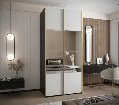 Produktbild von Zweitüriger Kleiderschrank SAMARA 4 - 120 cm, schwarz/weiß/gold