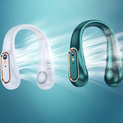 Produktbild von 2 Stück Tragbarer Nackenventilator, Flügelloser Ventilator mit 4000mAh,5 Geschwindigkeiten, Digitalanzeige,4‑Kanal Nackenventilator, Weiß+Grün