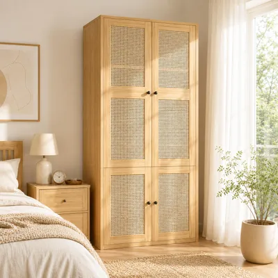 Produktbild von Flieks Kleiderschrank mit Rattan-Geflecht, Garderobe mit Kleiderstange und Schubladen, Hochschrank mit Staufächern, 90 x 47 x 200 cm, Natur, MDF, KI-generiertes Bild