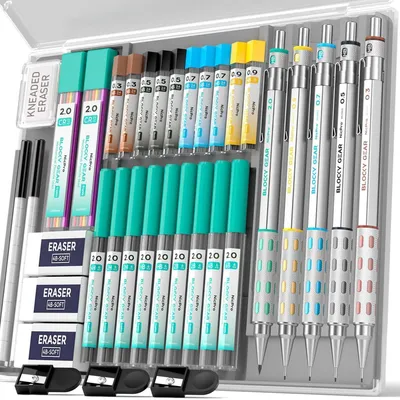 Immagine prodotto di Set di matite a grafite, 5 pezzi, metallo, 0,3-2 mm, con astuccio e 302 mine, per arte e disegno