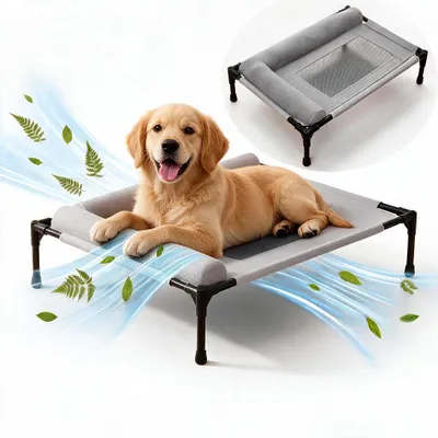 Produktbild von Ganzjahres Hundeliege, Erhöhtes Hundebett mit L-förmigem Nackenkissen 66×45×17 cm – Hunde Outdoor Bett, Hundesofas, Waschbar & Atmungsaktiv, Grau, XL