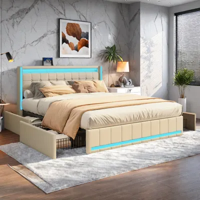 A modern bedroom with a beige upholstered bed featuring LED lighting.
