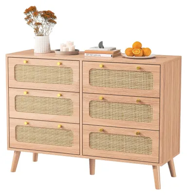 Image de Commode avec tiroirs en rotin - Rangement sur tiroirs - 100 x 34 x 73 cm - MDF - Meuble de rangement moderne - Pour salon ou chambre - Aspect bois