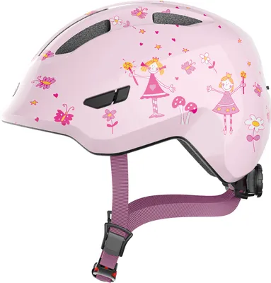 A pink children's bicycle helmet with princess and butterfly decorations.