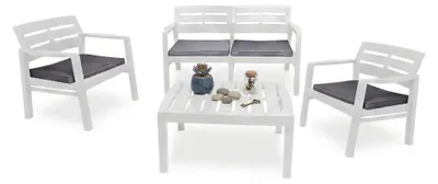 Produktbild von Outdoor-Lounge-Set Dgyas, Gartengarnitur mit 2 Sesseln, 1 Sofa und 1 Couchtisch, Innen- und Außensitzgruppe mit Kissen, 100 % Italy, Weiß