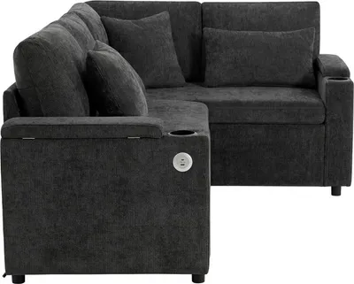 Produktbild von (Grau) L-förmiges Schlafsofa mit Stauraum, Getränkehaltern, USB-Ladeanschluss, Armlehnenablage und 4 Kissen – Ausziehbares Ecksofa für Wohnzimmer, Gästezimmer oder Heimkino