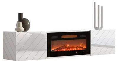 Produktbild von MIRJAN24 TV-Lowboard Luxe mit Kamin, zwei Drehtüren, Realistische LED-Flamme, Gehärtetes Glas, 180x33x39 cm (Farbe: Weiß / Weiß Hochglanz + Schwarz Hochglanz)