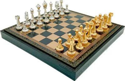 Produktbild von Italienische Schachfiguren Staunton Gold/Silber + Schachbrett  Gold/Schwarz 35