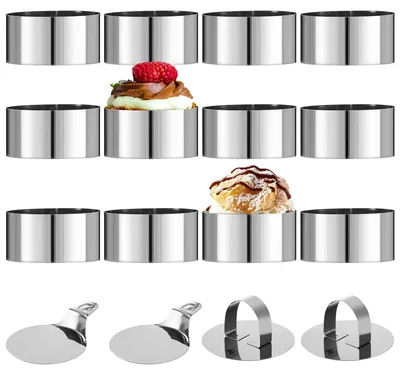 12er-Set Dessertringe 8 cm Edelstahl mit Bodenplatten und Deckeln