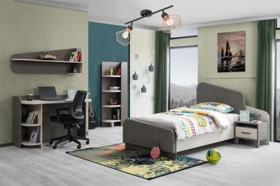 Immagine prodotto di Cameretta per bambini in legno grigio con letto, comodino e libreria