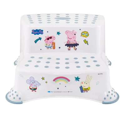A white, two-step plastic stool decorated with Peppa Pig characters and graphics.