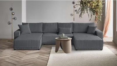 Produktbild von U-Form Ecksofa Primo U Polsterecke für Wohnzimmer mit Schlaffunktion und Bettkasten Eckcouch aus Cordstoff, Stoff: poso 34 - dunkelgrau